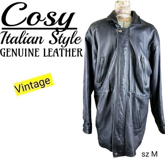 Vintage Italian Black Leather Long Heavyweight Coat Jacket - Picture 1 of 13